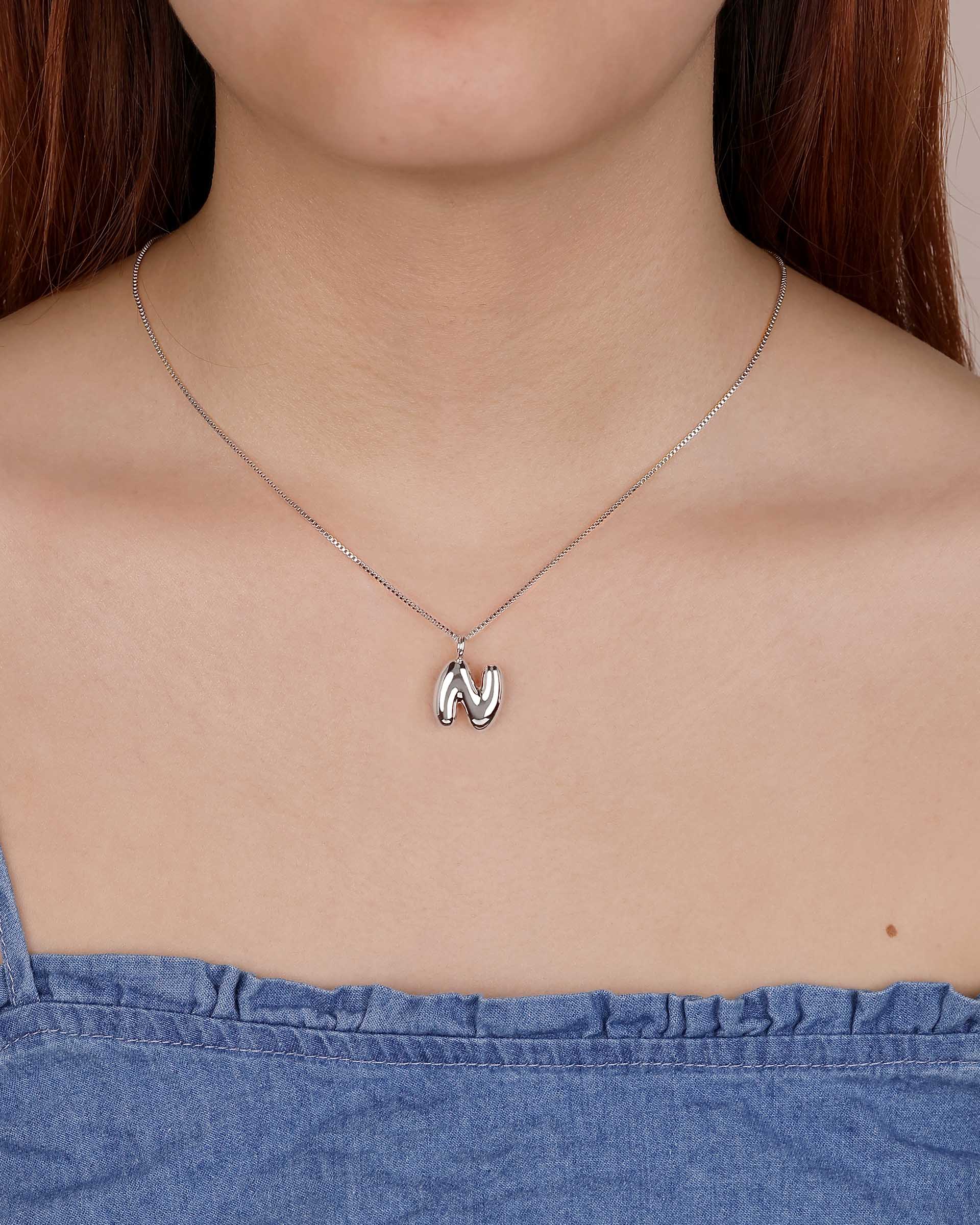 Bubble Initial 'N' Necklace in Silver - Image 2