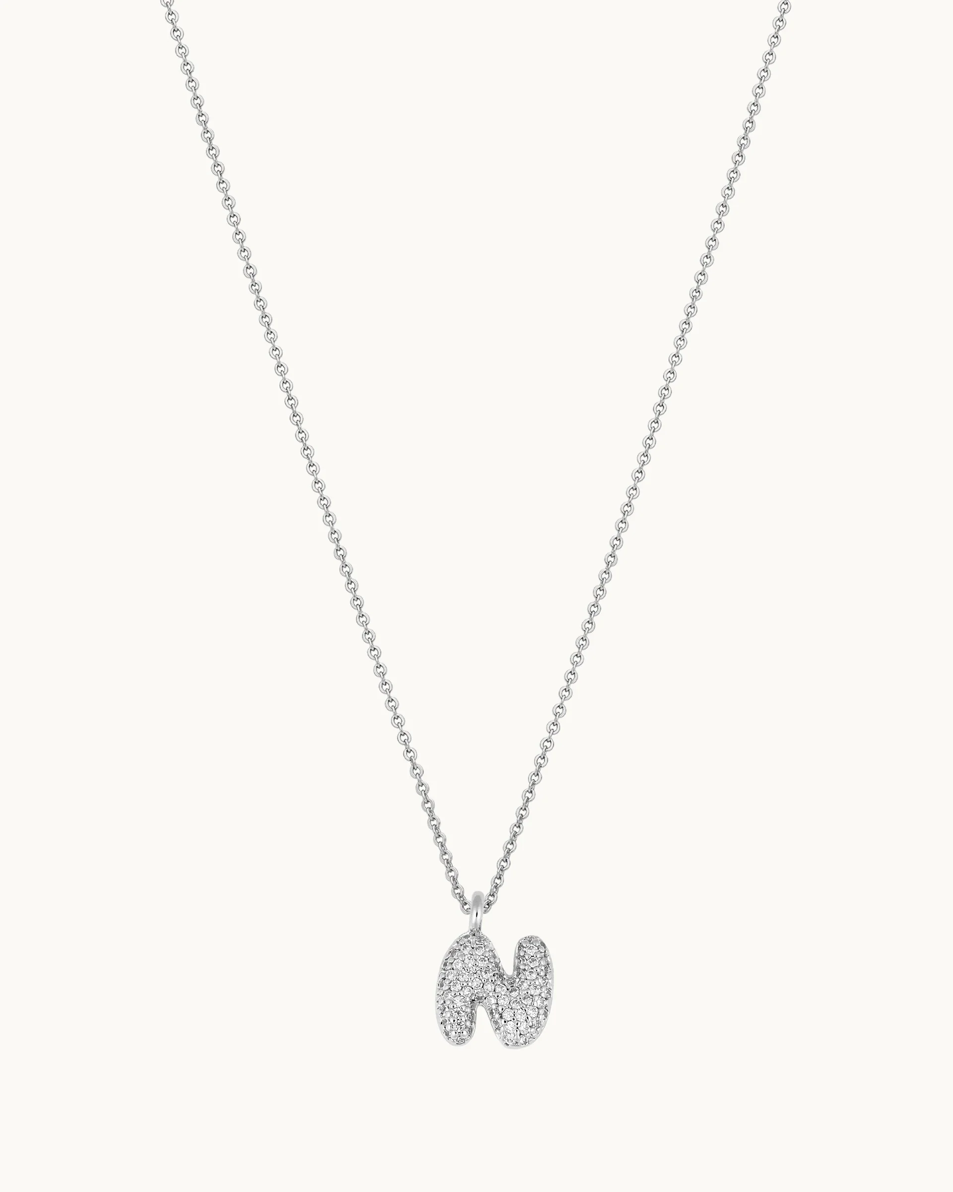 Mini Pavé Bubble Initial 'N' Necklace in Silver